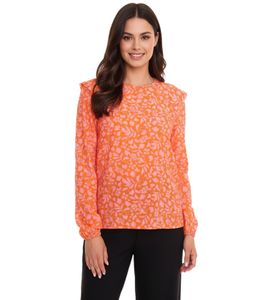 Tamaris Blusen-Shirt Damen Langarm-Bluse mit floralem Muster und kleinen Rüschen 50537609 Orange/Pink