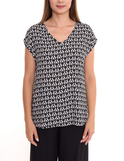 Tamaris women's summer blouse, short-sleeved blouse with all-over print, casual shirt 97828939 black/white