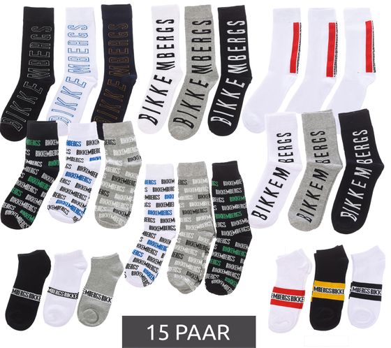 15 Paar BIKKEMBERGS Herren Tennis-Socken mit Marken Schriftzug Baumwoll-Strümpfe im Sparpack Weiß/Schwarz/Grau/Blau