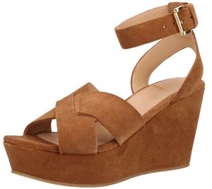SANSIBAR Damen Sandalette Echtleder Wedges mit Knöchelriemen Sommer-Schuhe 1047792 Braun