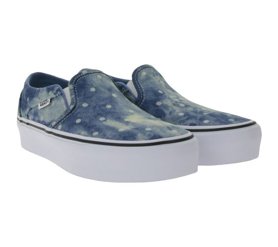 VANS Asher Damen Slip-On Sneaker mit Acid-Wash Denim-Print Canvas-Slipper VN0A3WMMBBC1 Blau