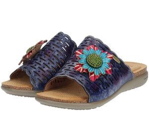 Laura Vita women's genuine leather mules summer sandals with flower decoration LILOO 11 blue