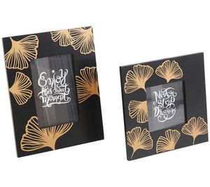 Pack of 2 LEONIQUE picture frames with ginkgo leaf and saying picture 10x10cm 10x15cm black/gold