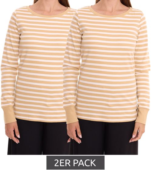 Pack of 2 DELMAO Striped Interlock women's long-sleeved shirts, striped cotton long-sleeved 60056433 beige/white