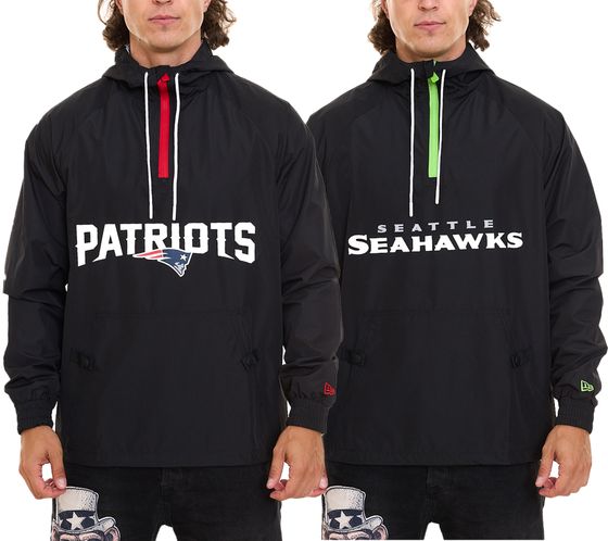 NEW ERA NFL OVERLAP LOGO Men's Patriots or Seattle Seahwaks Windbreaker Hooded Jacket Black/Red or Black/Green