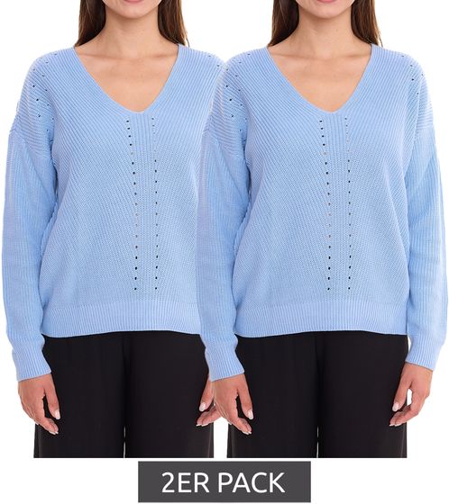 Pack of 2 Tamaris openwork sweaters, women's knitted sweaters with perforated pattern and deep neckline 10826944 light blue