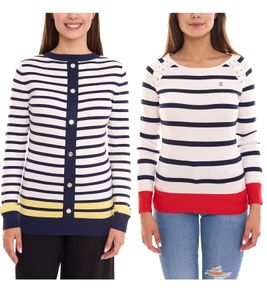 Maglia da donna a maniche lunghe DELMAO, felpa girocollo a righe con allacciatura o bottoni, blu/bianco/rosso o blu/bianco Maglia da donna a maniche lunghe DELMAO, felpa girocollo a righe con allacciatura o bottoni, blu/bianco/rosso o blu/bianco
