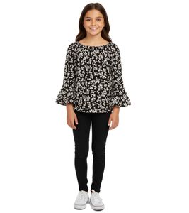 KIDSWORLD Camisa de verano para niña con mangas trompeta y cuello redondo con estampado floral 94928611 negro KIDSWORLD Camisa de verano para niña con mangas trompeta y cuello redondo con estampado floral 94928611 negro