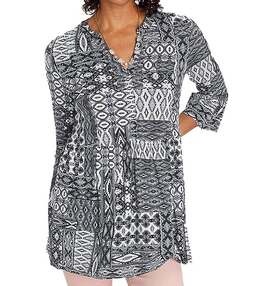 BOYSEN´S Ibiza Tunika Damen Sommer-Shirt mit 3/4 Arm und Allover-Druck 84376566 Schwarz/Grau/Weiß