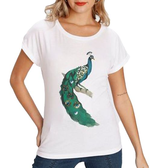 AjC women's T-shirt extravagant round-neck shirt with printed peacock and glitter 70644840 white