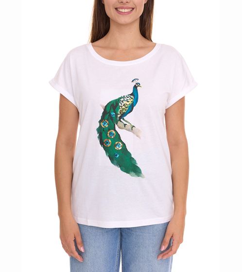 AjC Damen T-Shirt extravagantes Rundhals-Shirt mit gedrucktem Pfau und Glitzer 70644840 Weiß