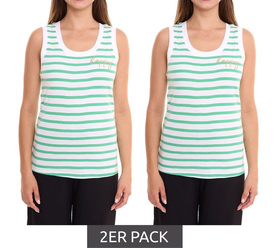 2er Sparpack DELAMO Striped Tanktop enganliegendes Damen Baumwoll-Shirt mit Stickerei 24025421 Grün/Weiß