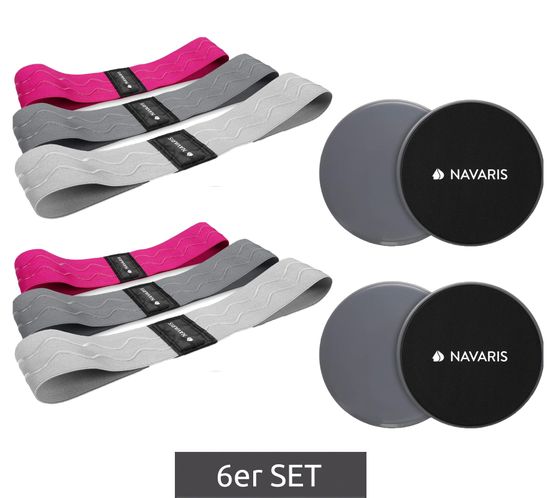 Set of 6 NAVARIS fitness bands with sliding discs, yoga bands, resistance bands in 3 strengths including bag and sliding discs