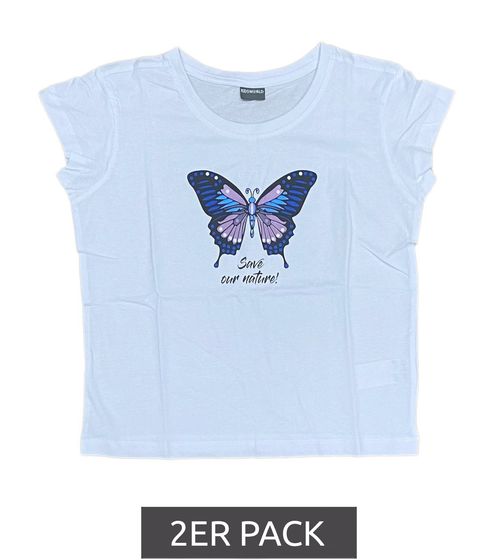 Pack of 2 KIDSWORLD children's summer T-shirts for girls with butterfly print, teen round neck shirt in a value pack for teenagers 49470651 white