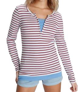 AjC Damen Langarm-Shirt mit Spitze figurbetontes Baumwoll-Shirt 12726709 Weiß/Blau/Rot