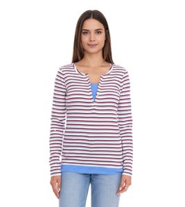 AjC chemise femme manches longues avec dentelle, chemise près du corps en coton 12726709 blanc/bleu/rouge
