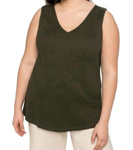 sheego Damen Sommer-Top in gerippter Optik Baumwoll-Shirt mit V-Ausschnitt Große Größen 72144134 Dunkelgrün