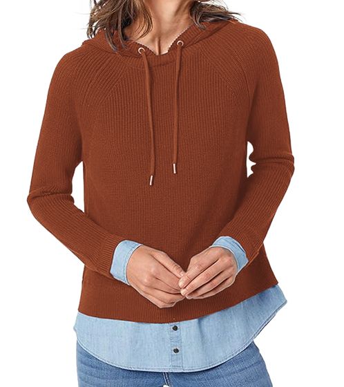 ESPRIT women's fine knit sweater with blouse hem, hooded hoodie for the office in a 2-in-1 look 129CC1I002 800 brown/blue