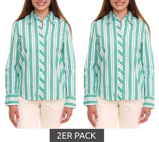 Pack of 2 AjC women's blouses, striped long-sleeved cotton shirt with small ruffles 36148235 green/white