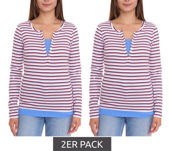 2er Pack AjC Damen Langarm-Shirt mit Spitze figurbetontes Baumwoll-Shirt 12726709 Weiß/Blau/Rot