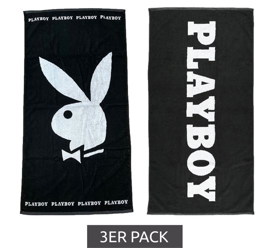 Pack of 3 PLAYBOY x DEF cotton bath towels, terry towels, bath towels, 70cm x 140cm DFPBTW100 with bunny or logo lettering, black/white