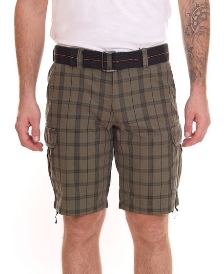 Bruno Banani Herren kurze Hose karierte Baumwoll Cargo-Shorts mit Gürtel 15445536 Khaki