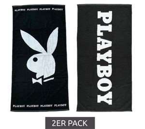 Lot de 2 serviettes de bain en coton PLAYBOY x DEF, serviette éponge, serviette de douche 70 cm x 140 cm DFPBTW100 avec inscription lapin ou logo noir/blanc