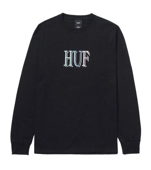 HUF 8-Bit Herren Langarm-Shirt modischer Baumwoll-Pullover mit Logo Schriftzug auf in der Mitte TS01490 Schwarz