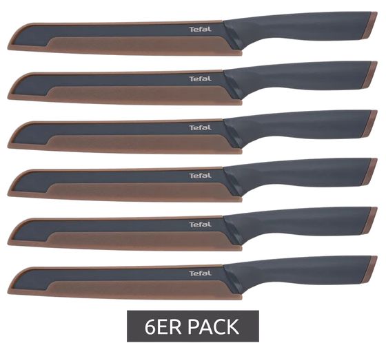 Pack de 6 couteaux à pain Tefal Fresh Kitchen 20 cm en acier inoxydable avec revêtement antiadhésif renforcé de titane et manche ergonomique, passent au lave-vaisselle K1221805 gris/marron