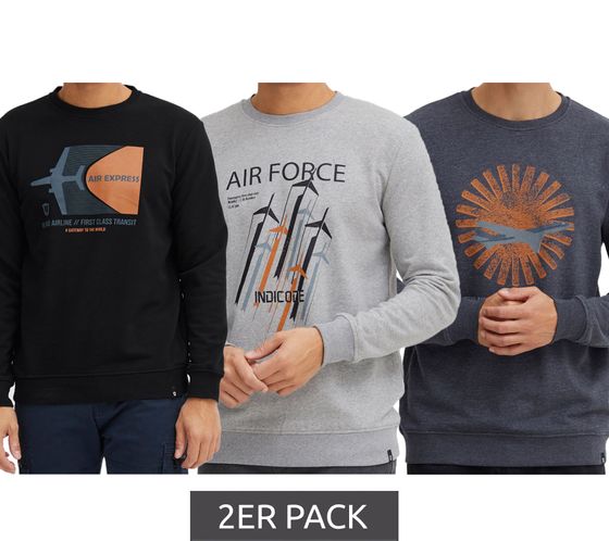 2er Pack INDICODE IDForz Herren Baumwoll-Pullover Rundhals-Sweater mit großem Frontprint 55582MM Schwarz, Grau oder Blau