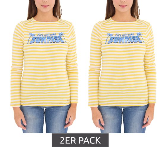 2er Pack AjC Damen Shirt gestreiftes Langarm-Shirt Baumwolle mit Sunrise-Front-Print Sparpack 67426709 Gelb/Weiß/Blau