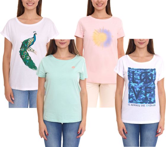 T-shirt femme AjC aux imprimés variés, chemise d'été manches courtes, coton menthe, rose ou blanc