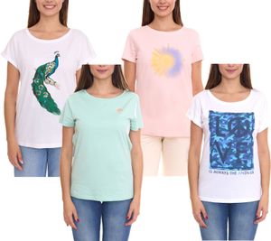 AjC Damen T-Shirt mit verschiedenen Prints kurzärmliges Sommer-Shirt Baumwolle Mint, Rosa oder Weiß