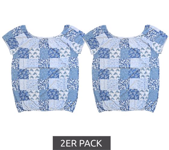 Pack of 2 KIDSWORLD girls' summer shirts, short-sleeved shirts with all-over print, round neck, 66924407 blue/white