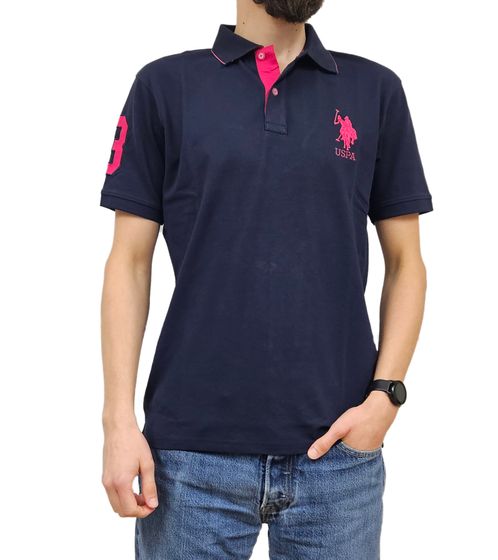 U.S. POLO ASSN. Herren Polo-Hemd mit "3" Patch auf Ärmel Baumwoll-Shirt mit großer Logo-Stickerei 197 68175 52520 378 Dunkelblau/Pink