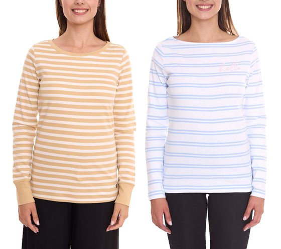 Chemise femme manches longues DELMAO sweat coton rayé bleu/blanc ou beige/blanc