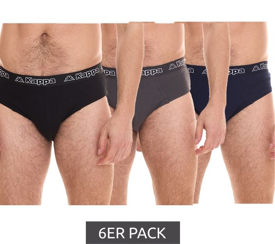 6er Sparpack Kappa Herren Slip mit Baumwoll-Stretch Unterwäsche mit Logobund Unterhose 711167 Schwarz, Blau oder Grau