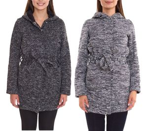 ALPENBLITZ Damen Fleece-Jacke mit Binde-Gürtel Übergangs-Jacke aus weichem Strickfleece Blau/Grau oder Schwarz/Grau