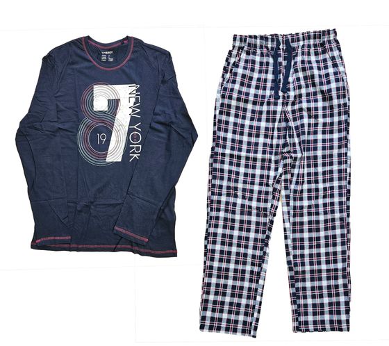 LIVERGY ensemble pyjama homme pyjama 2 pièces à carreaux pyjama en coton avec imprimé sur le devant OEKO-TEX Standard 100 426871_2301 M1 bleu foncé/rouge/blanc