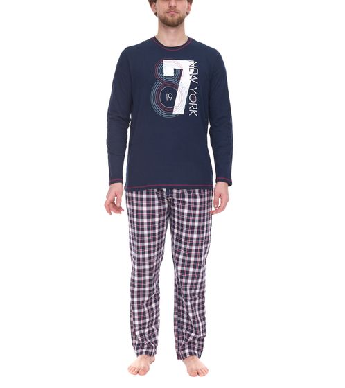 LIVERGY Herren Pyjama-Set 2-teilig karierter Schlafanzug Baumwoll-Pyjama mit Frontprint OEKO-TEX Standard 100 426871_2301 M1 Dunkelblau/Rot/Weiß