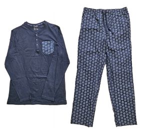 LIVERGY Herren Pyjama-Set 2-teilig Schlafanzug mit Blätter Allover-Print Baumwoll-Pyjama OEKO-TEX Standard 100 426871_2301 M3 Blau