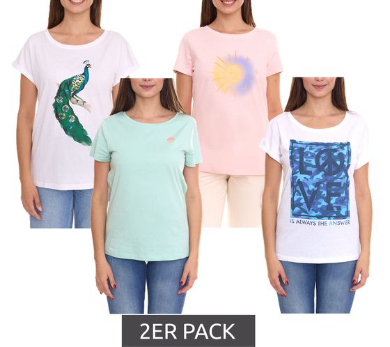 2er Sparpack AjC Damen T-Shirt mit verschiedenen Prints kurzärmliges Sommer-Shirt Baumwolle Mint, Rosa oder Weiß