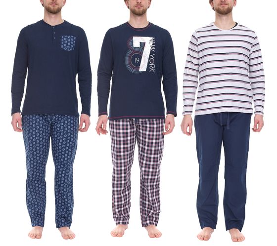 LIVERGY Herren Pyjama-Set 2-teilig Schlafanzug mit Blätter Allover-Print, gestreift oder kariert Baumwoll-Pyjama OEKO-TEX Standard 100 426871 Blau, Weiß