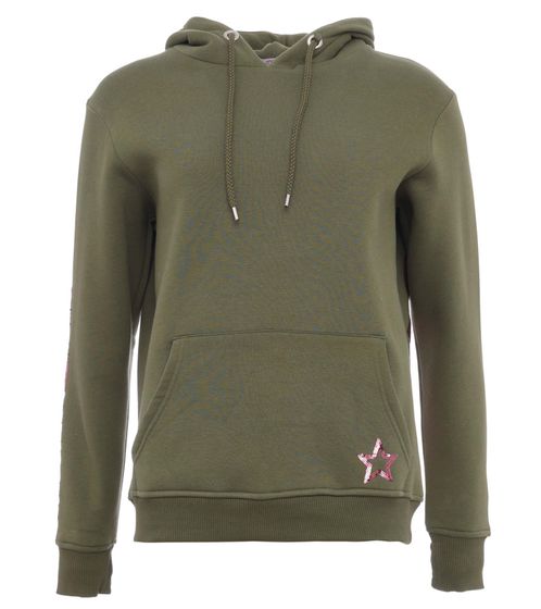 ZWILLINGSHERZ Kiana Hoodie Damen Kapuzen-Pullover mit SMILE Schriftzug aus Pailletten Baumwoll-Sweater 31049-3 Khaki