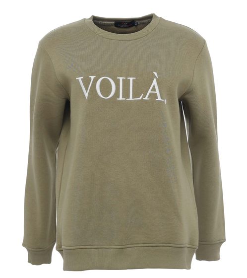 ZWILLINGSHERZ Sweater Voila Damen Rundhals-Pullover mit VOILÀ Schriftzug Baumwoll-Sweater 3110-1204-1 Khaki