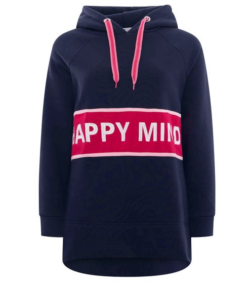 ZWILLINGSHERZ Beate Hoodie Damen Kapuzen-Pullover mit umlaufendem HAPPY MIND Schriftzug Baumwoll-Sweater 31069-1008-2 Dunkelblau