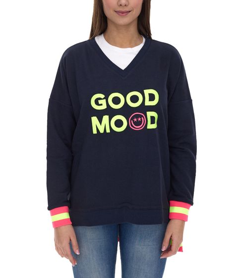 ZWILLINGSHERZ Pull Dana pull femme avec lettrage GOOD MOOD pull en coton 3138-2 bleu foncé