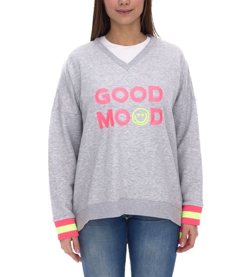 ZWILLINGSHERZ Pull Dana pull femme avec lettrage GOOD MOOD pull en coton 3138-4 gris