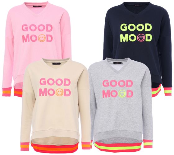 ZWILLINGSHERZ Sweater Dana Damen Pullover mit GOOD MOOD Schriftzug Baumwoll-Sweater 3138 Pink, Dunkelblau, Beige oder Grau