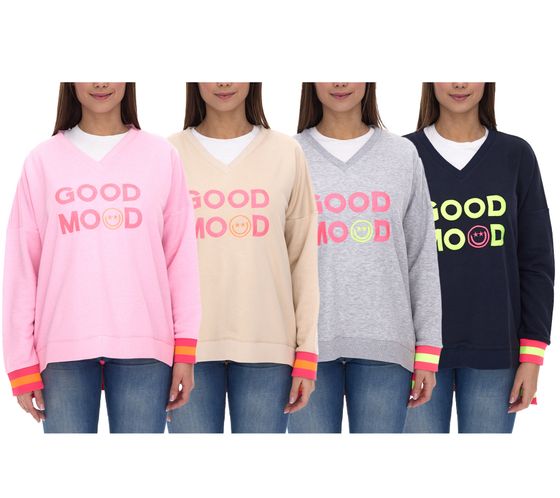 ZWILLINGSHERZ Pull Dana pull femme avec lettrage GOOD MOOD pull en coton 3138 rose, bleu foncé, beige ou gris